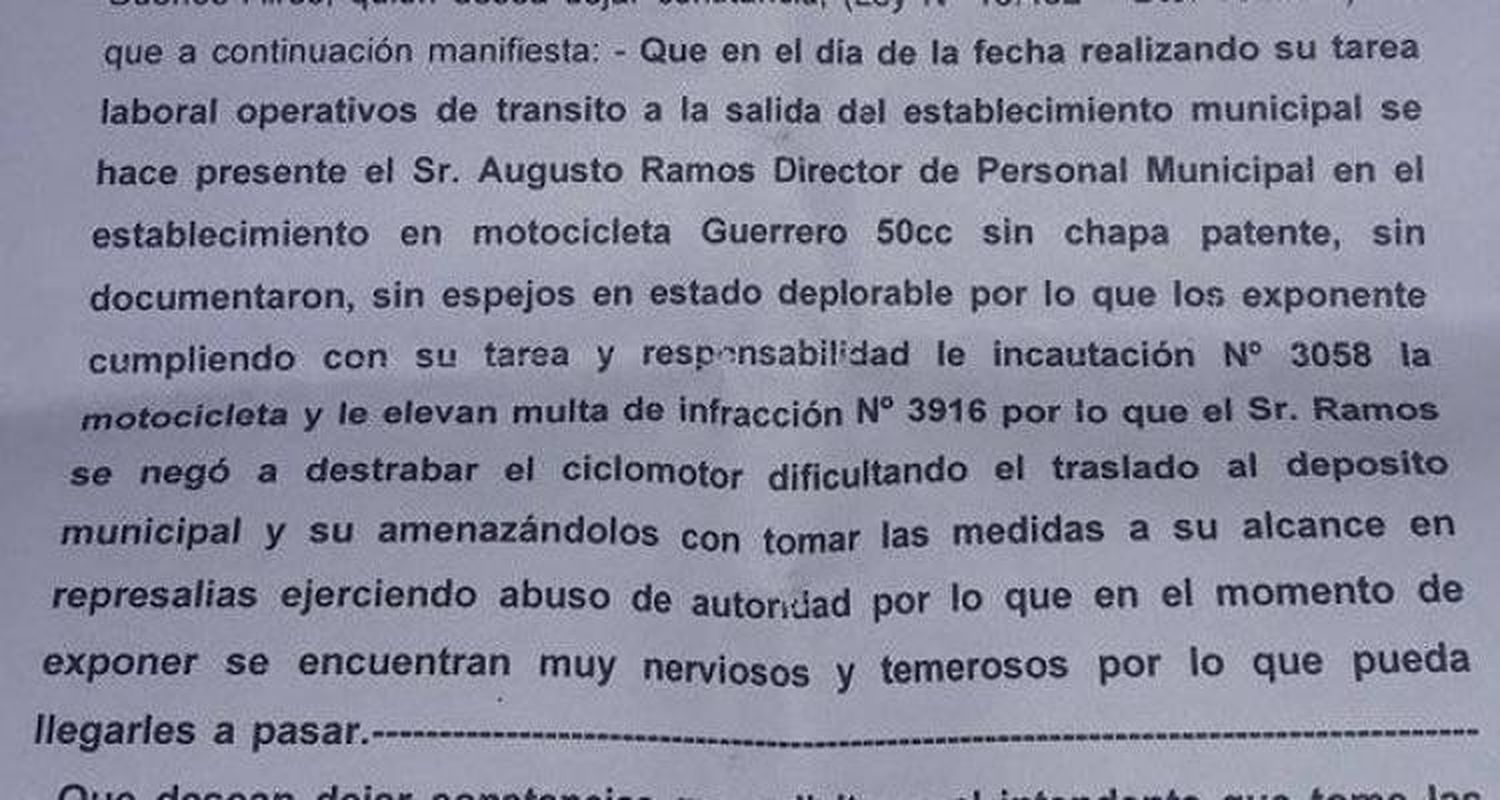 Inspectores que infraccionaron al Director de Personal Augusto Ramos temen represalias