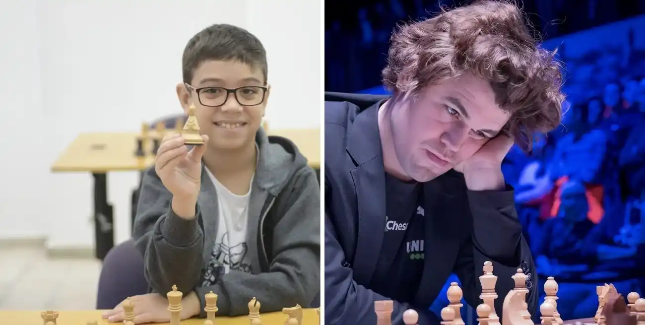 Faustino Oro y Magnus Carlsen.