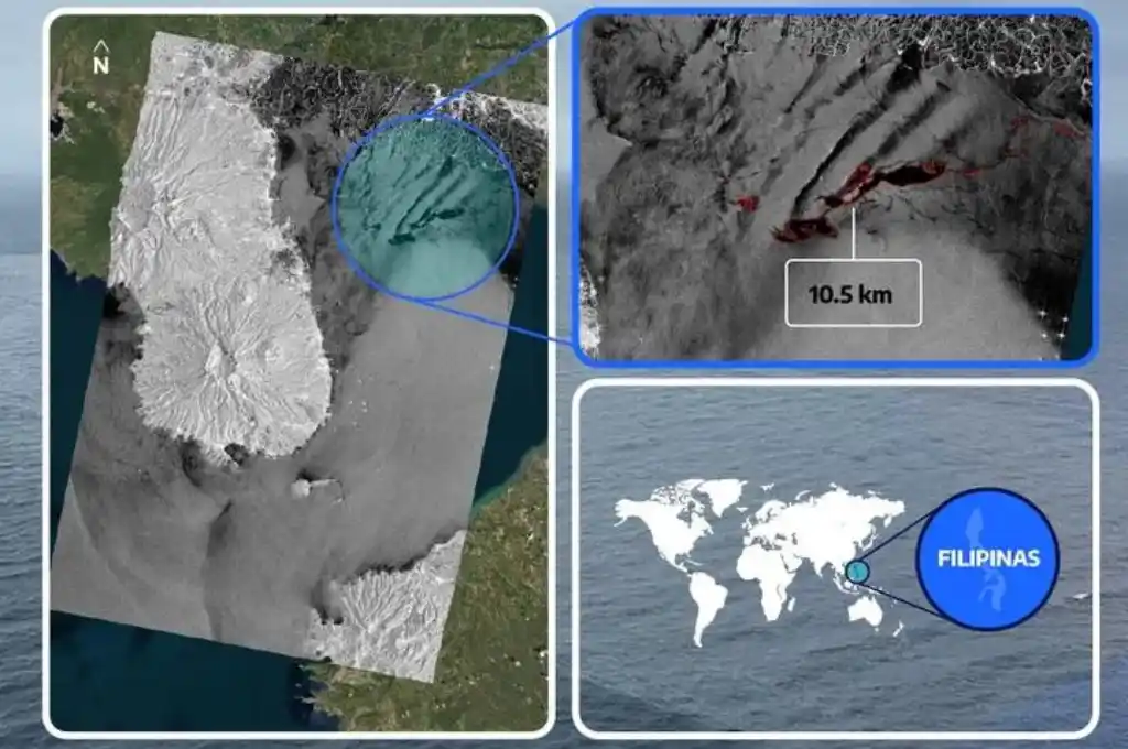 El satélite SAOCOM 1A detectó el derrame de hidrocarburos en la bahía de Manila, Islas Filipinas, por el hundimiento del buque de MT Terra Nova,