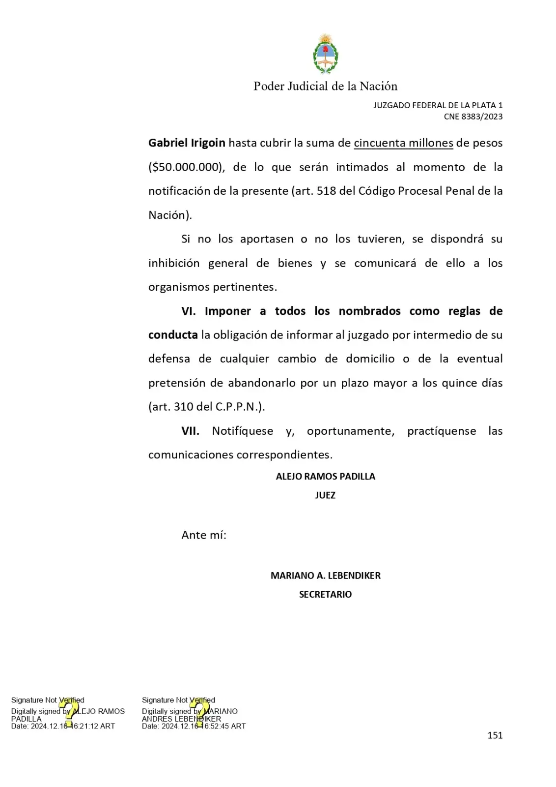 Resolución judicial de Ramos Padilla.