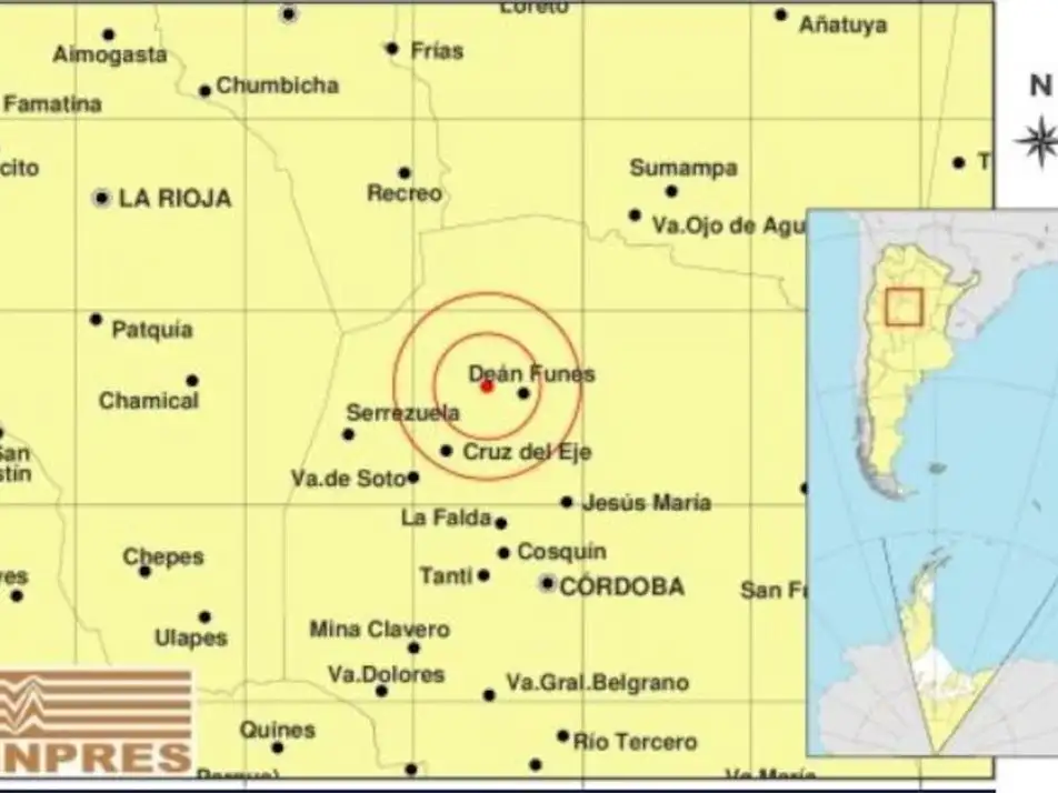 El sismo de magnitud 4,9 tuvo su epicentro cerca de Deán Funes y se sintió en varias localidades de Córdoba (Foto: INPRES)
