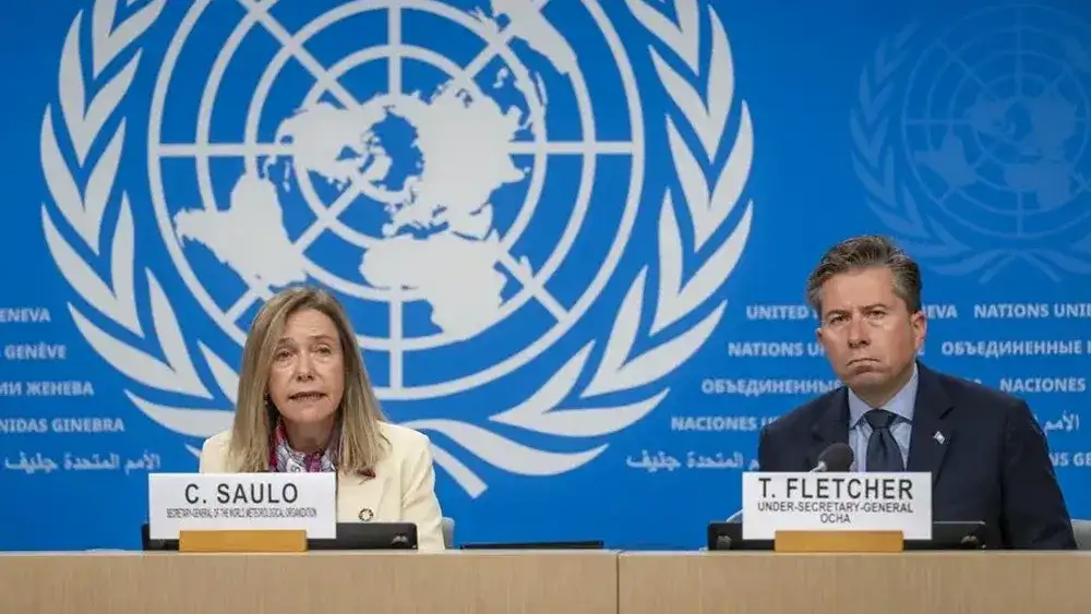 La Secretaria general de la OMM, la argentina Celeste Saulo, y el coordinador humanitario de Naciones Unidas, Tom Fletcher.