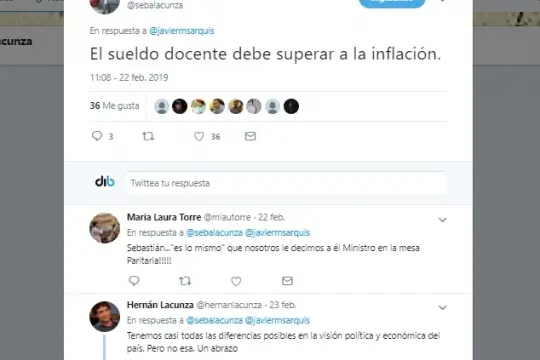 Por Twitter y en diálogo con su hermano, Lacunza debatió sobre la paritaria docente
