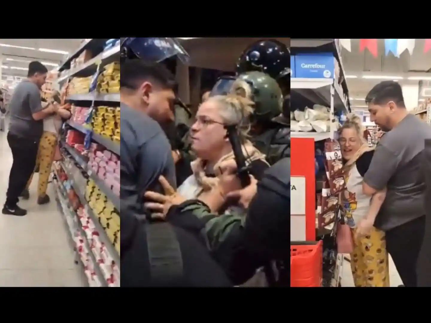 Collage de imágenes que muestran el momento en que una mujer fue detenida dentro de un supermercado tras intentar atacar a un fotógrafo durante un acto de Javier Milei en Tres de Febrero