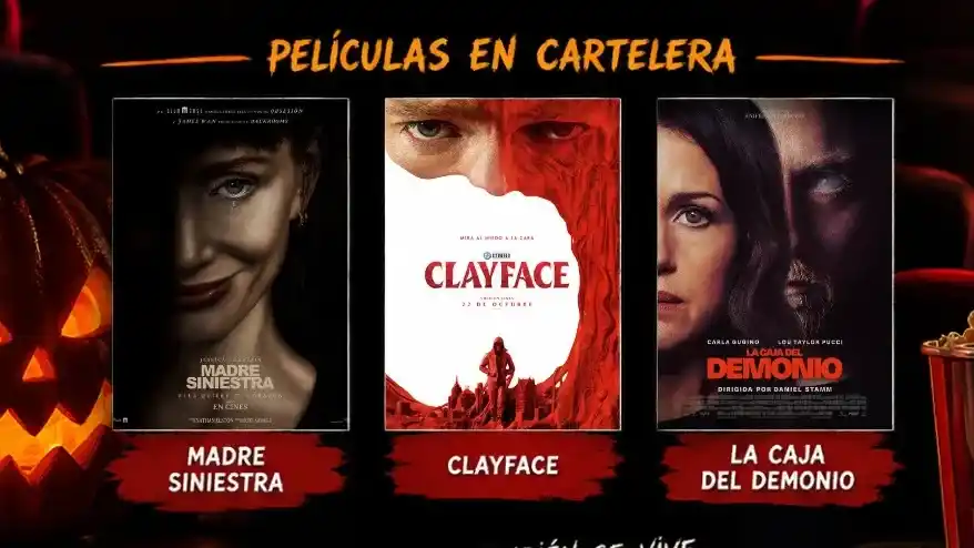 La cartelera de cine de terror en Necochea presenta los títulos Madre Siniestra, Clayface y La Caja del Demonio, acompañados por una calabaza de Halloween iluminada para celebrar las funciones especiales del fin de semana en la ciudad.