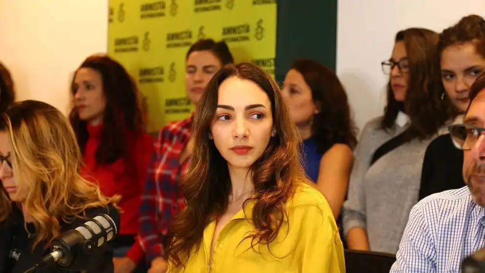 Thelma Fardin durante la conferencia de prensa