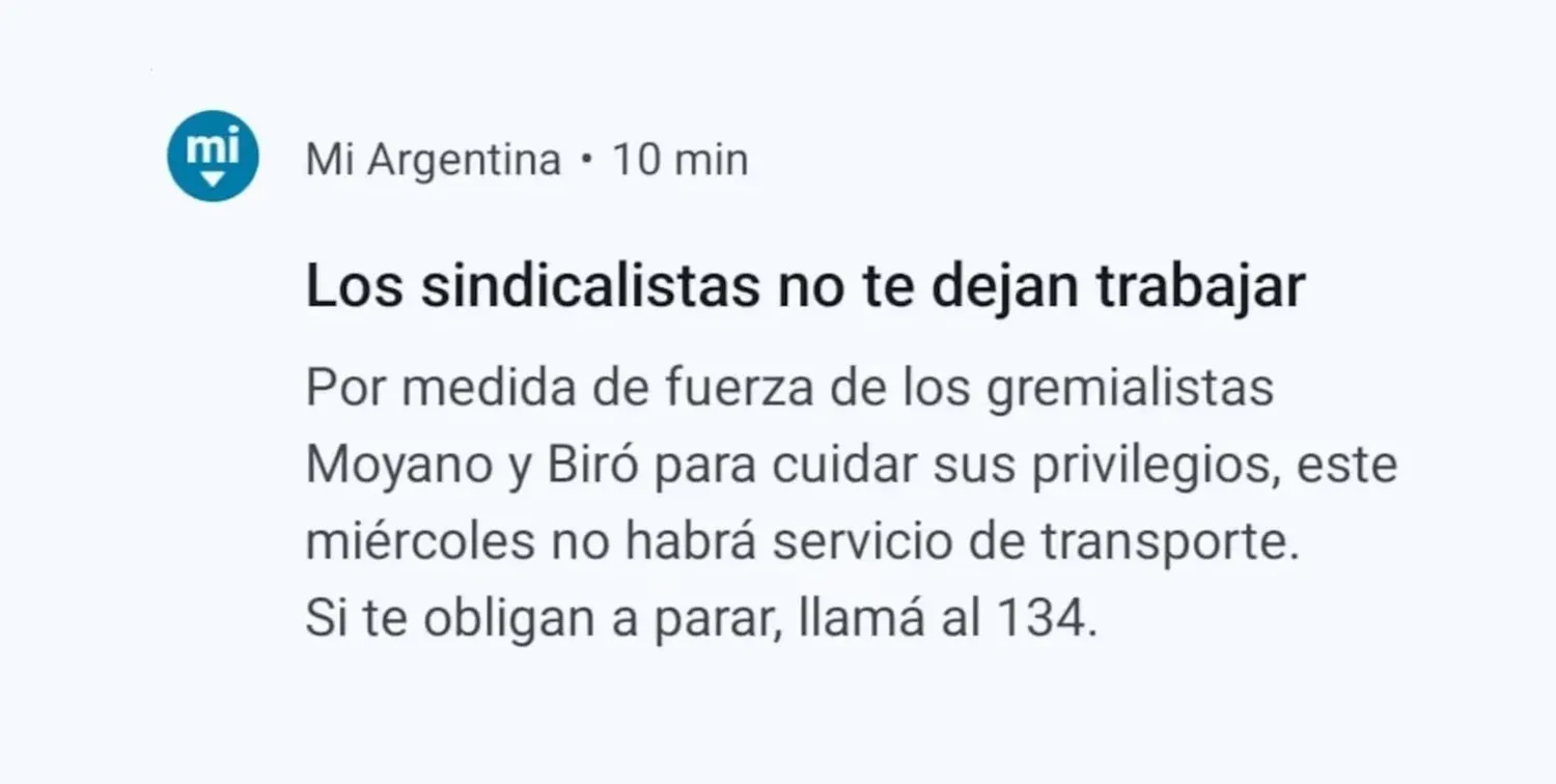 El mensaje publicado este martes en la app Mi Argentina.