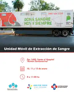 10, 11 y 12 de enero estará en paz 1400 la unidad móvil de extracción de sangre
