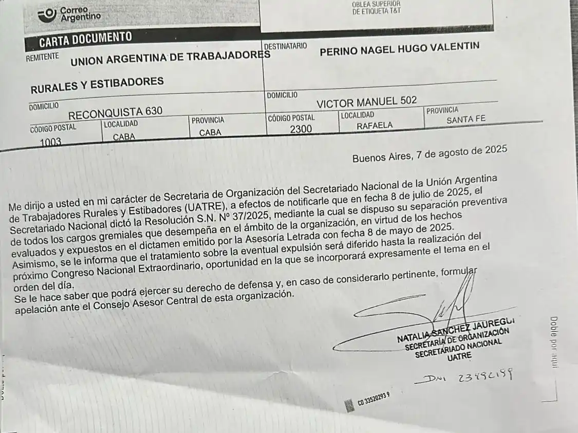 carta documento hugo perino desplazado