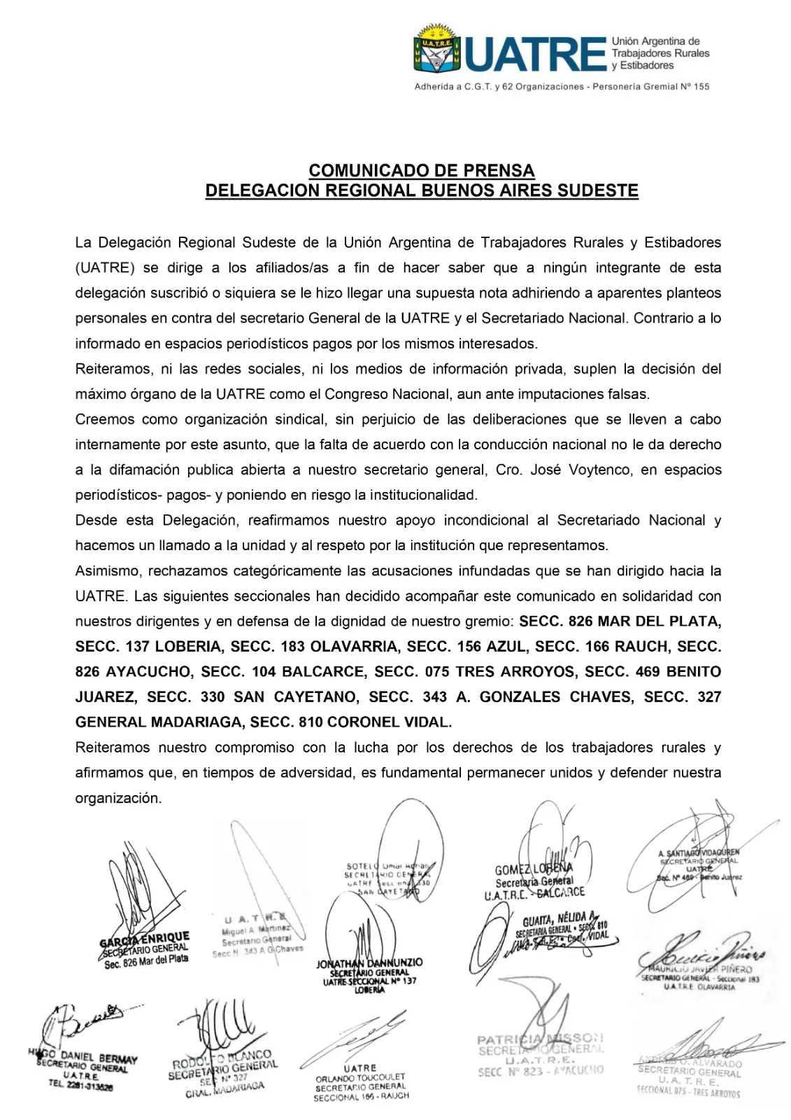 El comunicado de la UATRE
