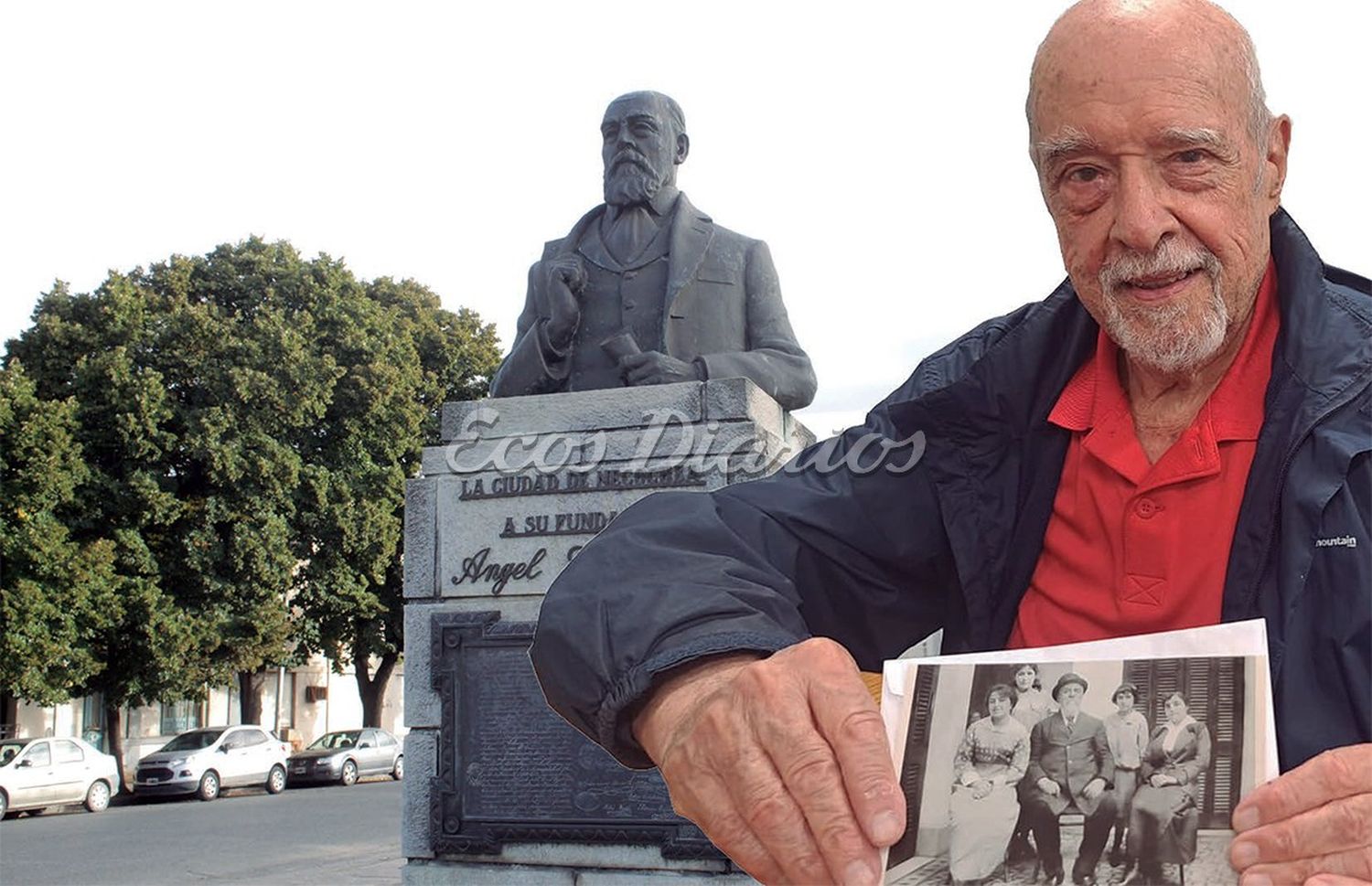 El monumento de Ángel Ignacio Murga junto a la imagen de su bisnieto, Jorge Conti