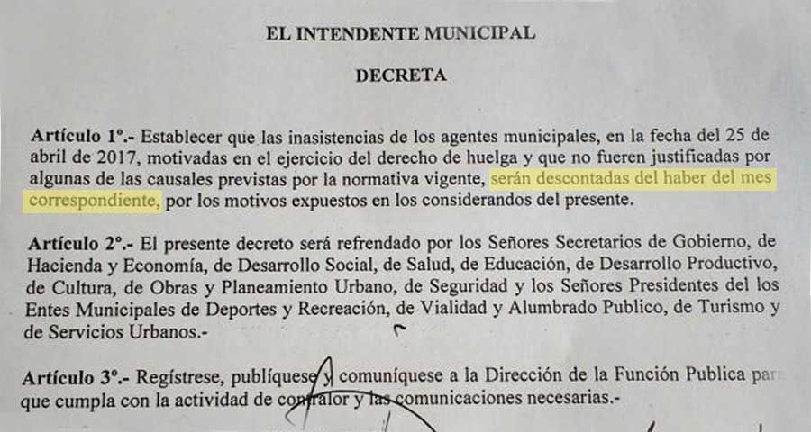 El descuento por día de paro, otra traba que agudiza el conflicto municipal