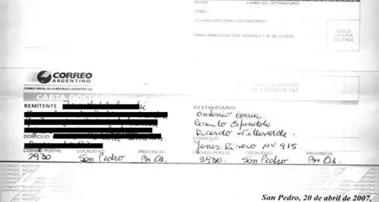 Carta documento a Villaverde, Correa y Espíndola para que devuelvan el dinero