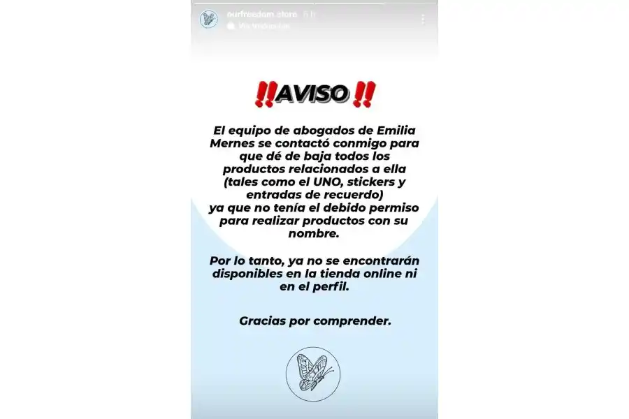 La emprendedora se comunicó con sus seguidores avisándoles que ya no vendería productos de Emilia Mernes.