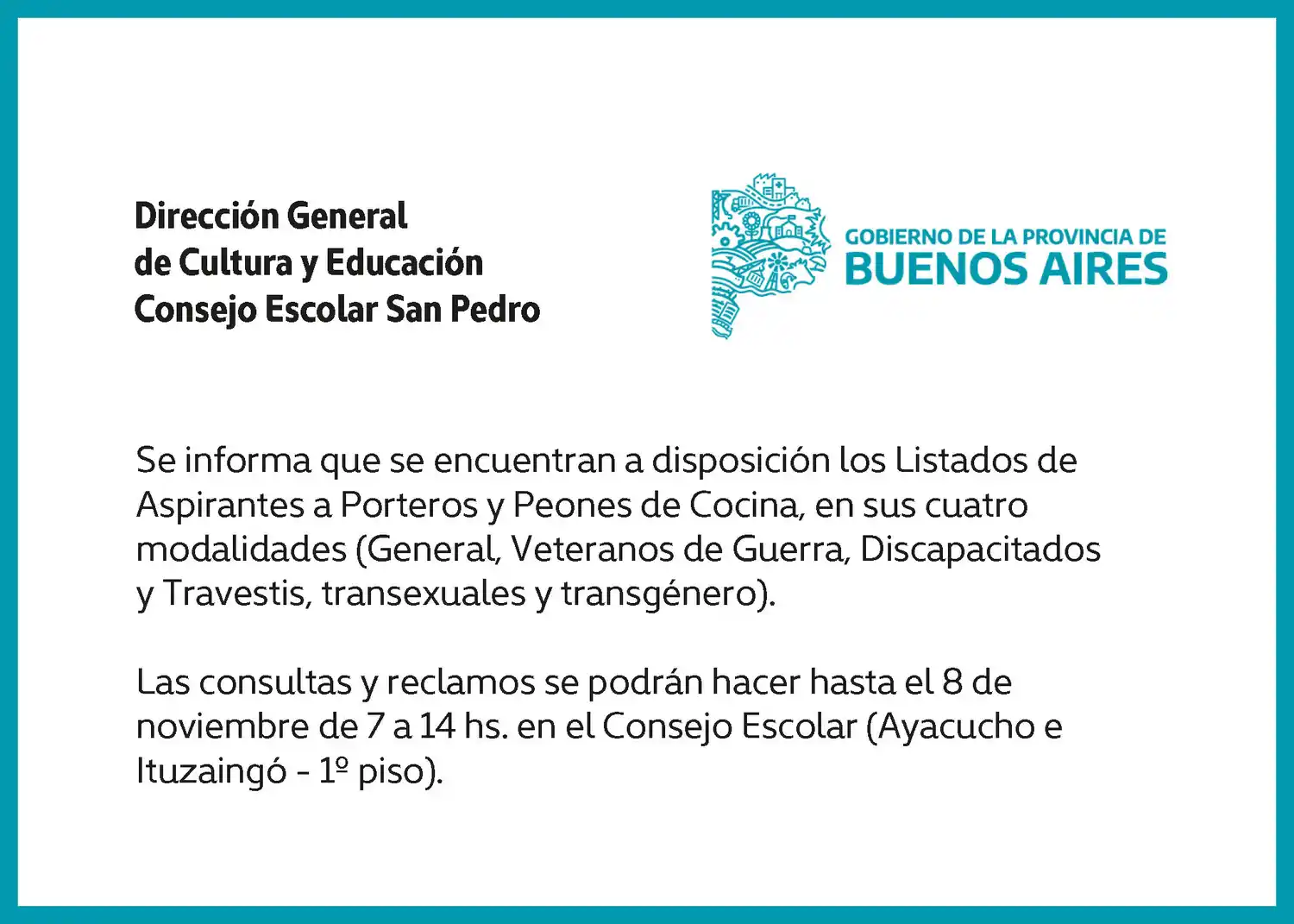 Consejo Escolar - Aspirantes a Porteros y Peones de Cocina - Octubre 2024