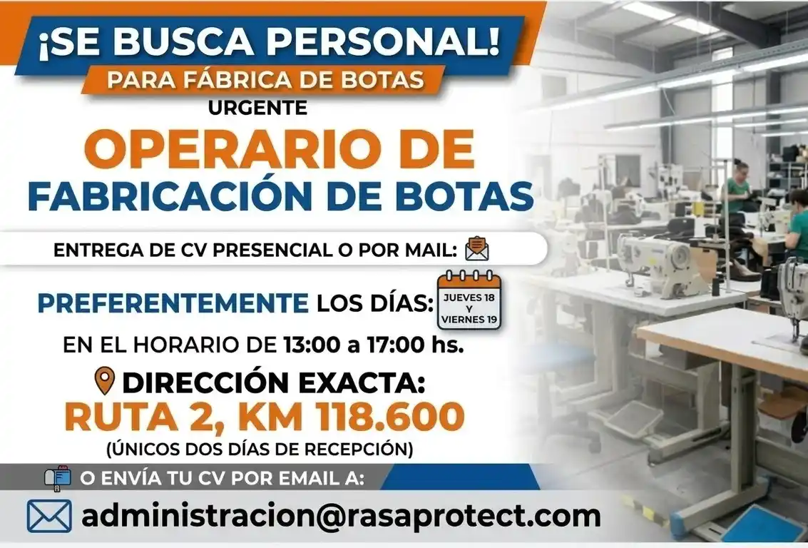 Oportunidad laboral en Chascomús: buscan operarios para fábrica de botas en crecimiento
