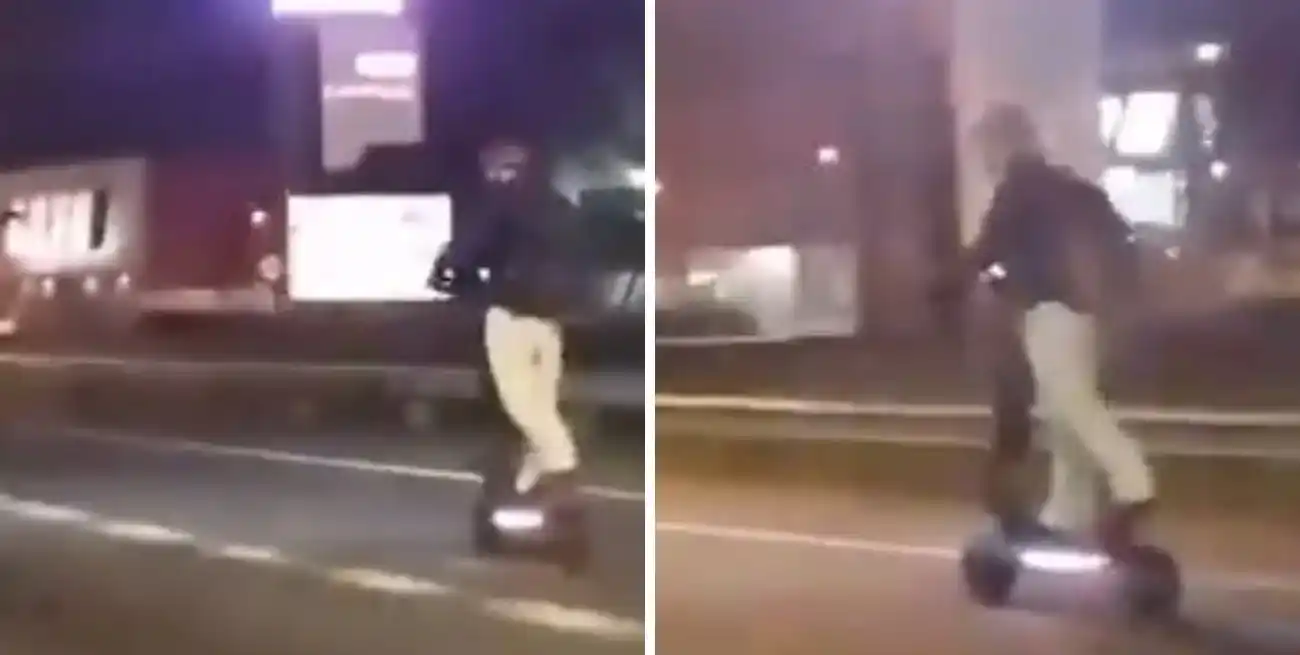 El hombre circulando en monopatín eléctrico fue registrado por un pasajero y luego compartido en redes sociales.