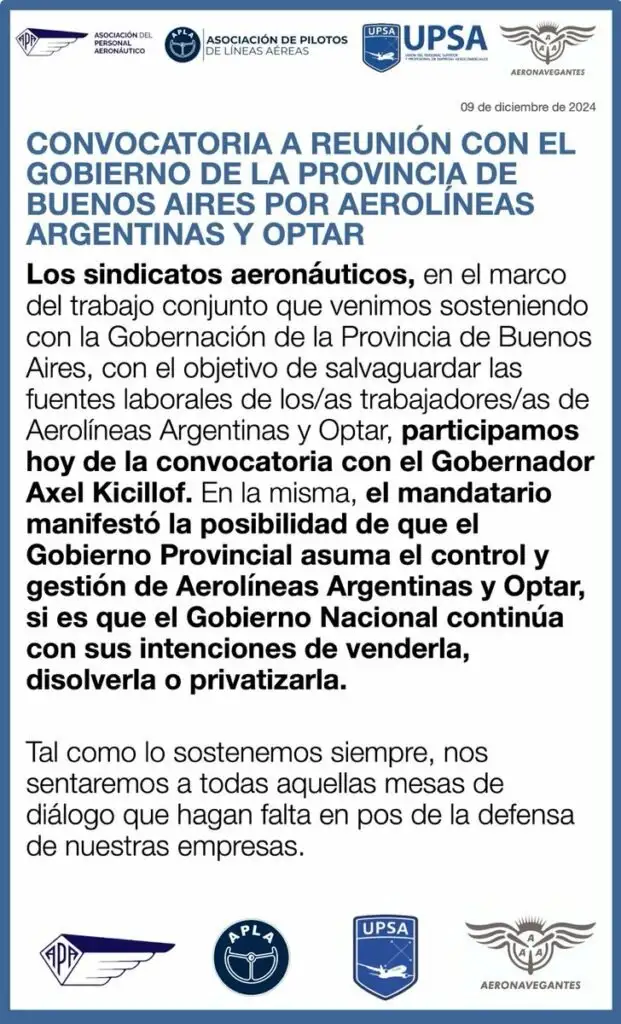 El comunicado de los gremialistas.