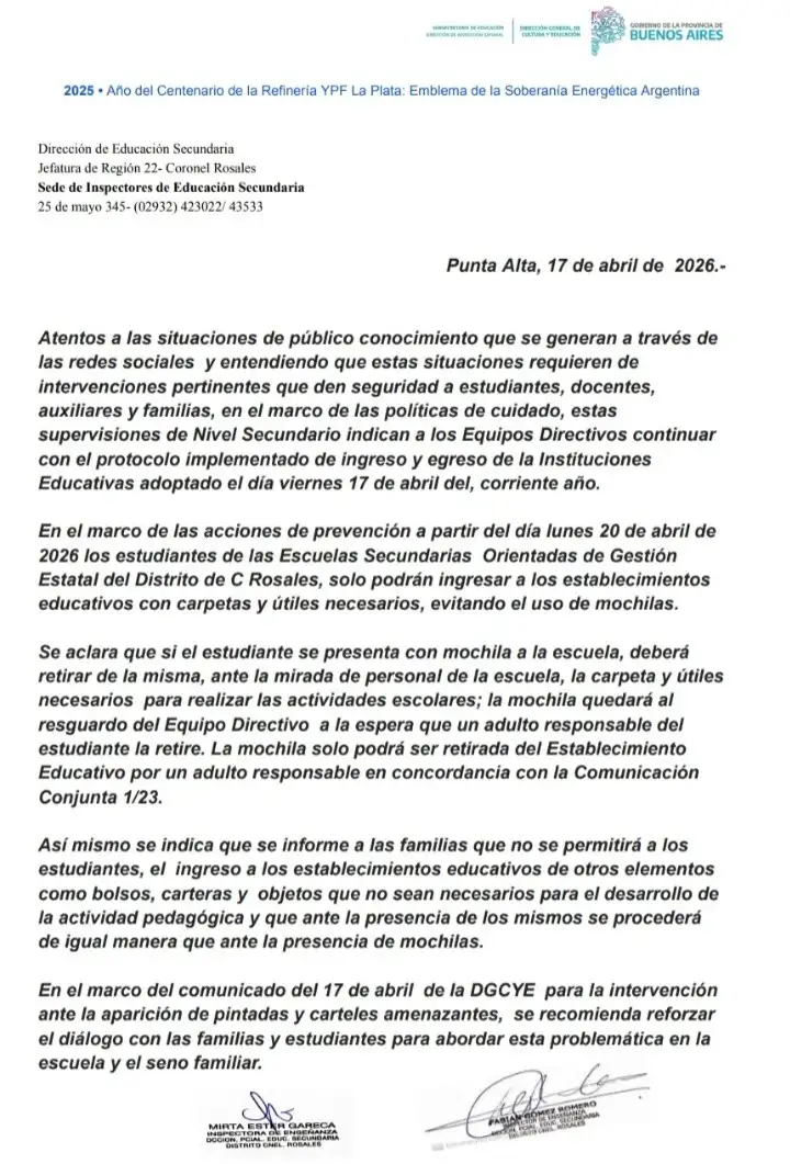 comunicado mochila rosales