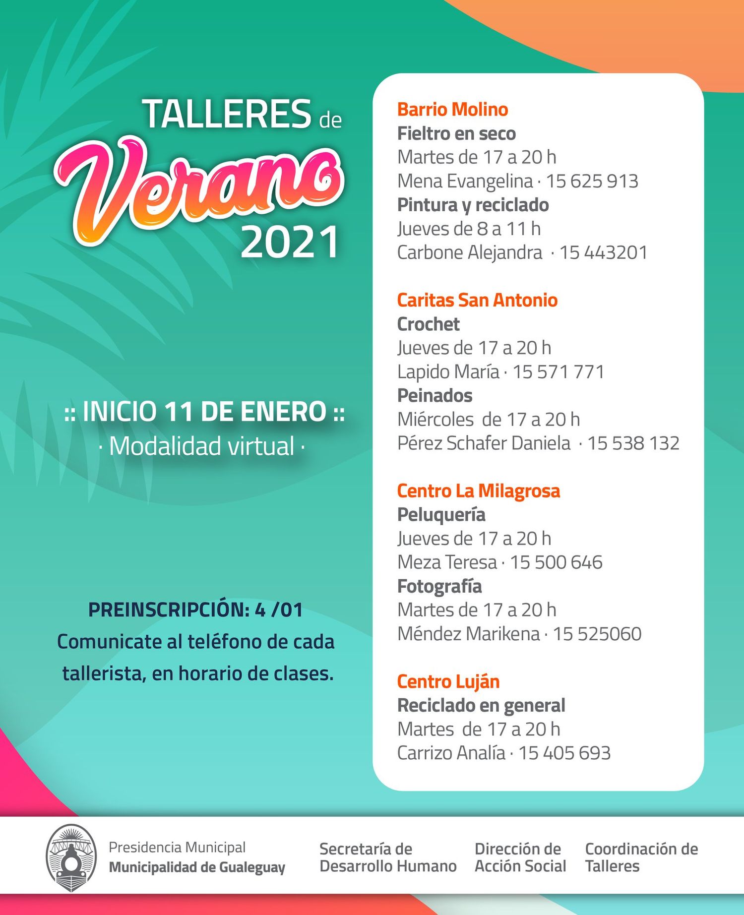 La Municipalidad una amplia oferta de talleres de verano