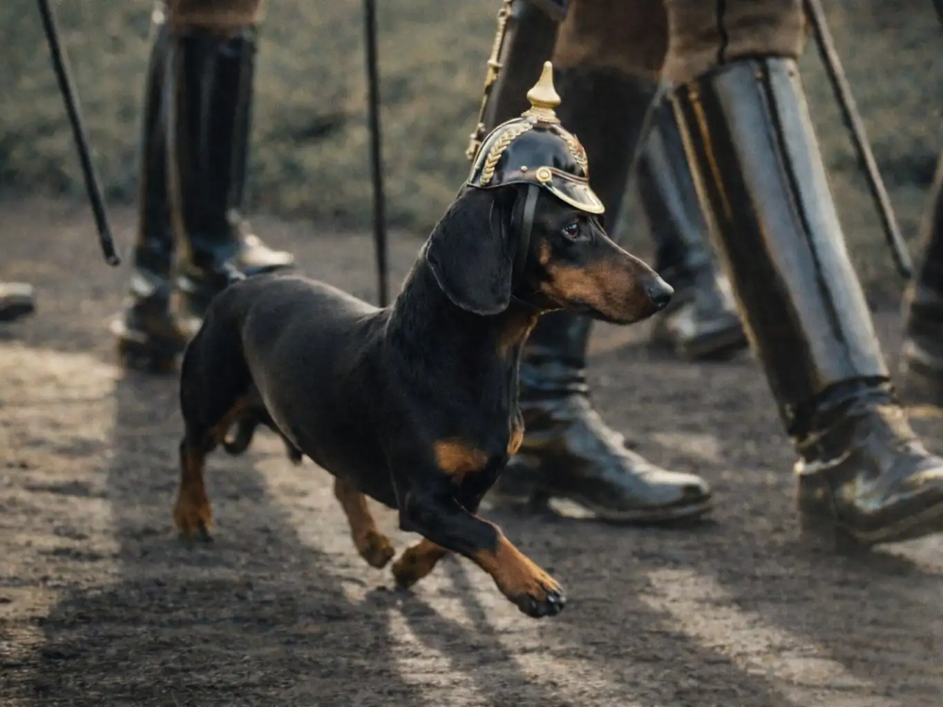 Un perro del Kaiser Guillermo II avanza entre las filas militares, convertido en una curiosa y simbólica postal del Imperio alemán en tiempos de guerra. Imagen mejorada con IA.