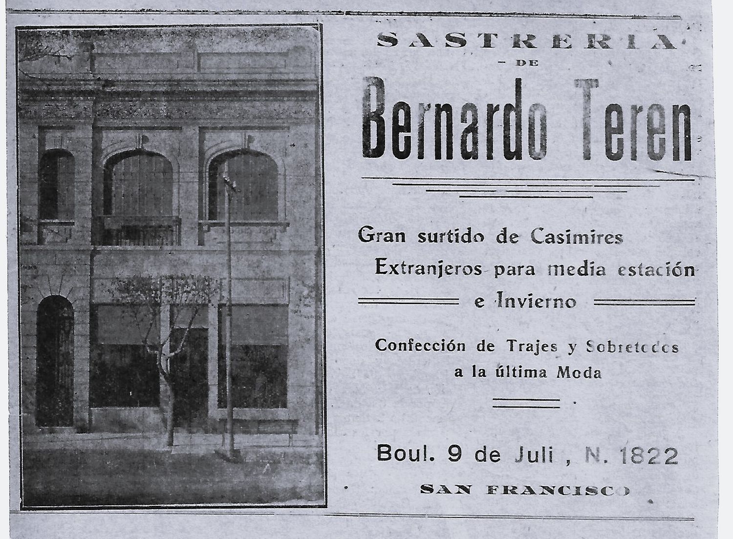 El edificio de la sastrería de Bernardo Terén en publicidad del año 1929 (Archivo Gráfico y Museo Histórico)