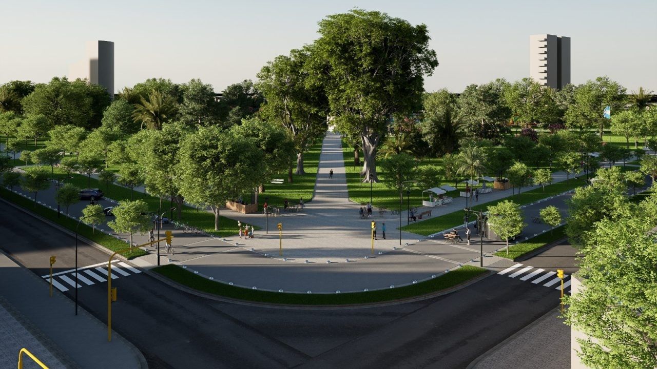 Cancelan los trabajos de nivelado y unificación del carril interno con la vereda de la plaza. Foto: maqueta del proyecto original