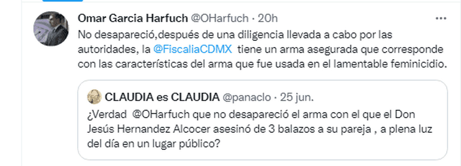 El mensaje en el que se ratifica que las autoridades tienen el arma con la que mataron a Yrma Lidya. Foto Twitter