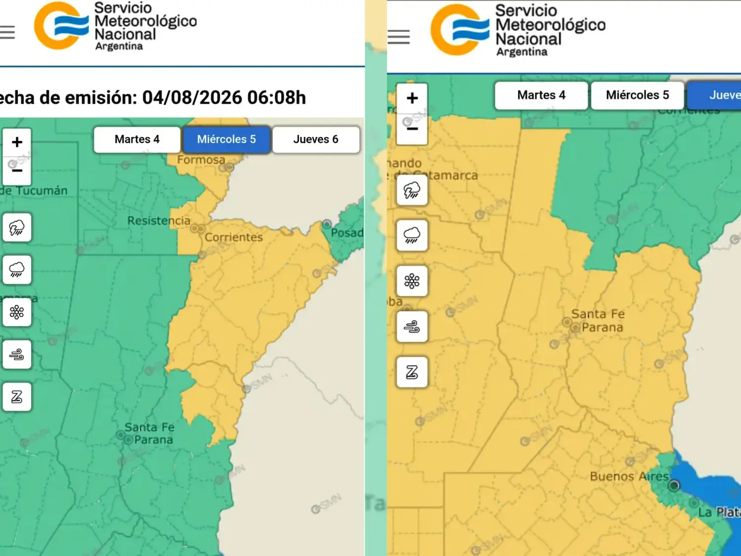 Alerta amarilla por tormentas intensas para hoy miércoles y mañana jueves