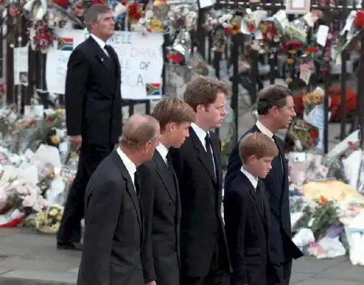 Los príncipes William y Harry acompañados por su padre y su tío durante el funeral de su madre. Foto AFP