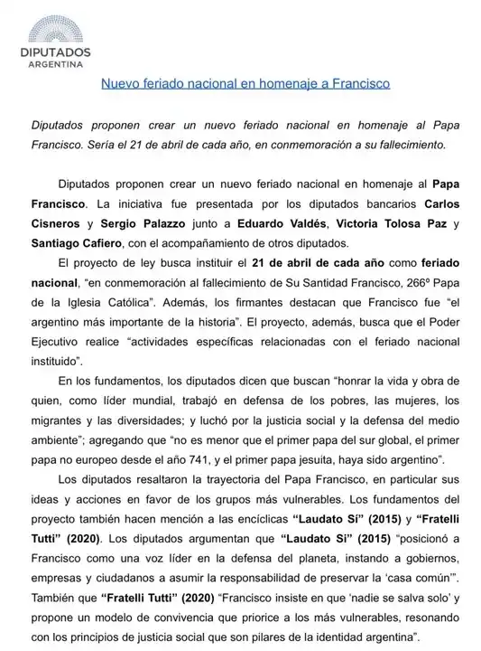 feriado por el papa francisco