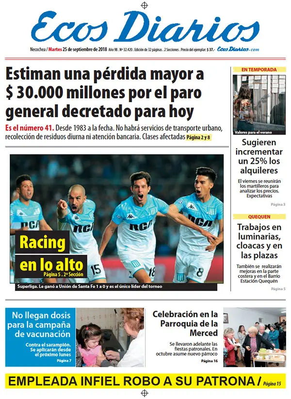 Tapa del 25 de septiembre de 2018