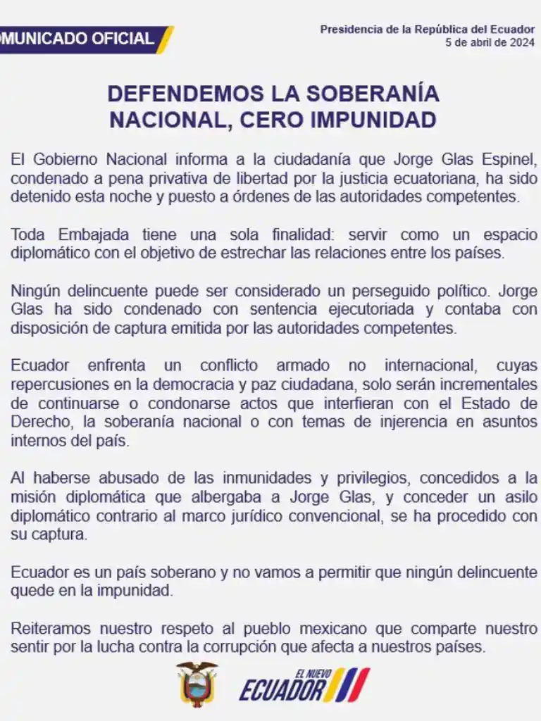 comunicado ecuador detencion