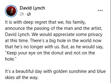 Murió a los 78 años David Lynch, el creador de la serie Twin Peaks
