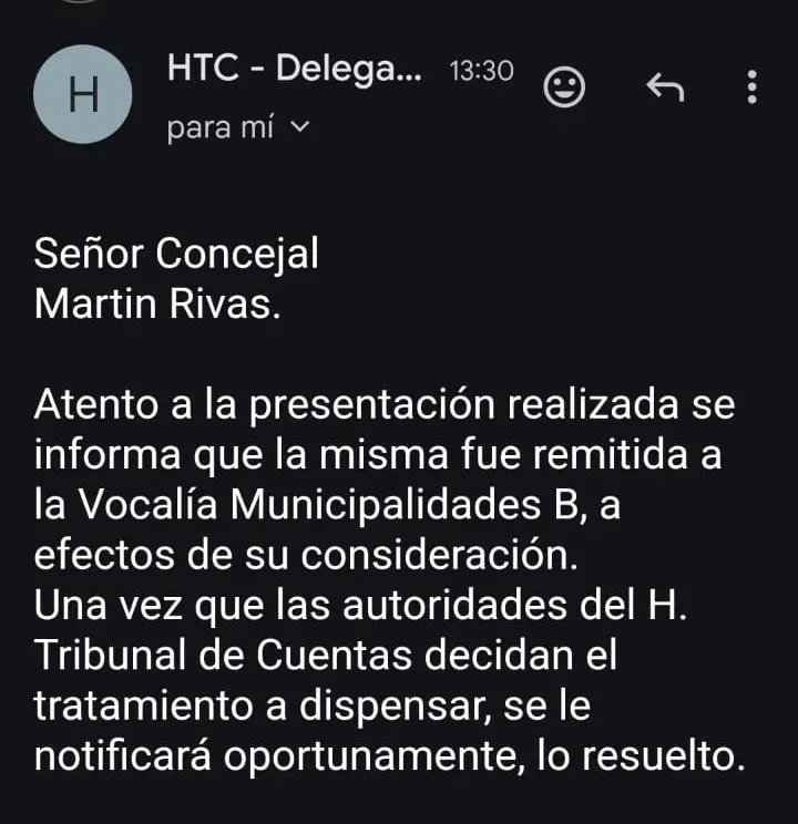 Firmado por la delegada llegó el anuncio de la remisión del pedido del concejal a la sede central del Tribunal de Cuentas.