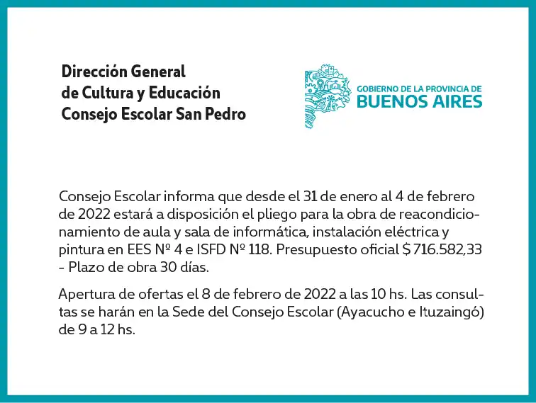 [Publicación Oficial] Informe Consejo Escolar: a disposición el pliego para la obra en EES Nº 4 e ISFD Nº 118