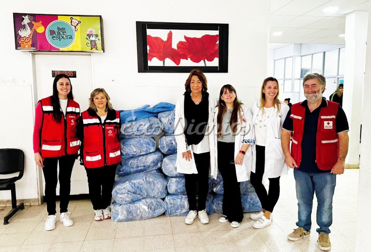 Donación. De kits se hizo recientemente al Hospital. De izquierda a derecha Bianca Steffen y Alicia Wilgenhoff (Cruz Roja), Dra. Vilma Parodi, Micaela Fernándes de Moura y Daniela Ibarguren (Hospital) y Marcelo Bolado