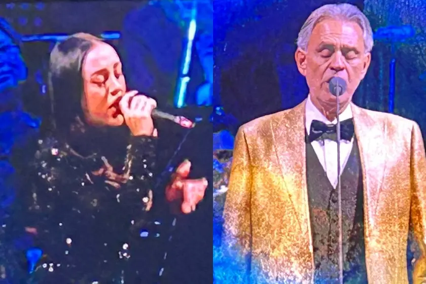 Antes de llegar al Colón, Nicki Nicole cantó y se emocionó junto a Andrea Bocelli