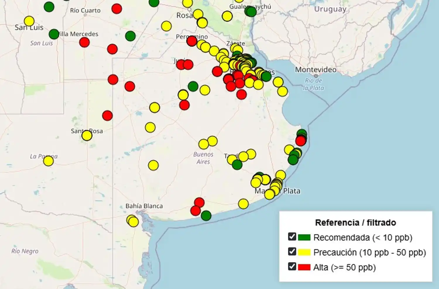 Mapa. Con las locales donde hay presencia de arsénico