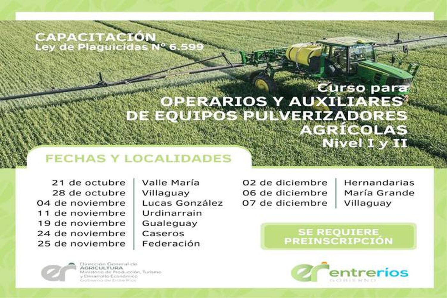 Comienza en octubre la  capacitación para Operarios  y Auxiliares de Equipos  Pulverizadores Agrícolas