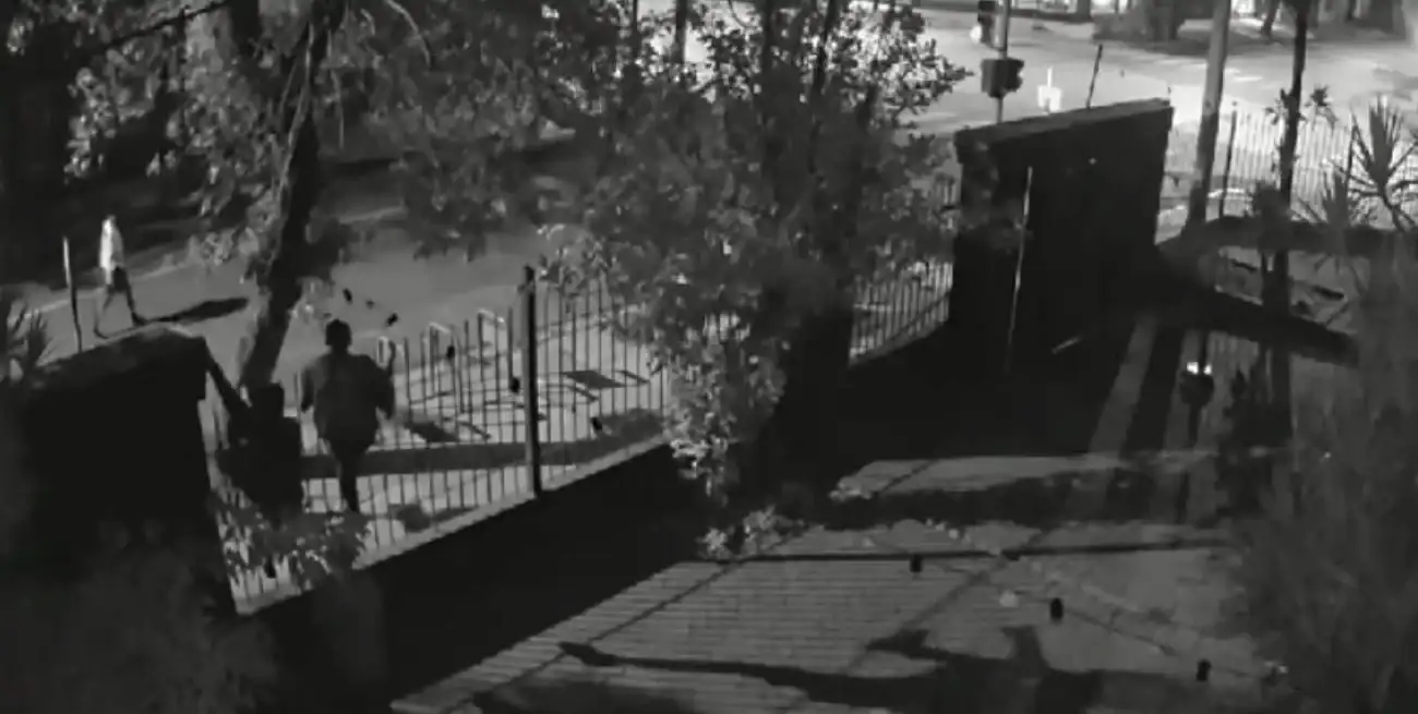 El momento en que tres delincuentes fugan del comercio trepando por la reja.