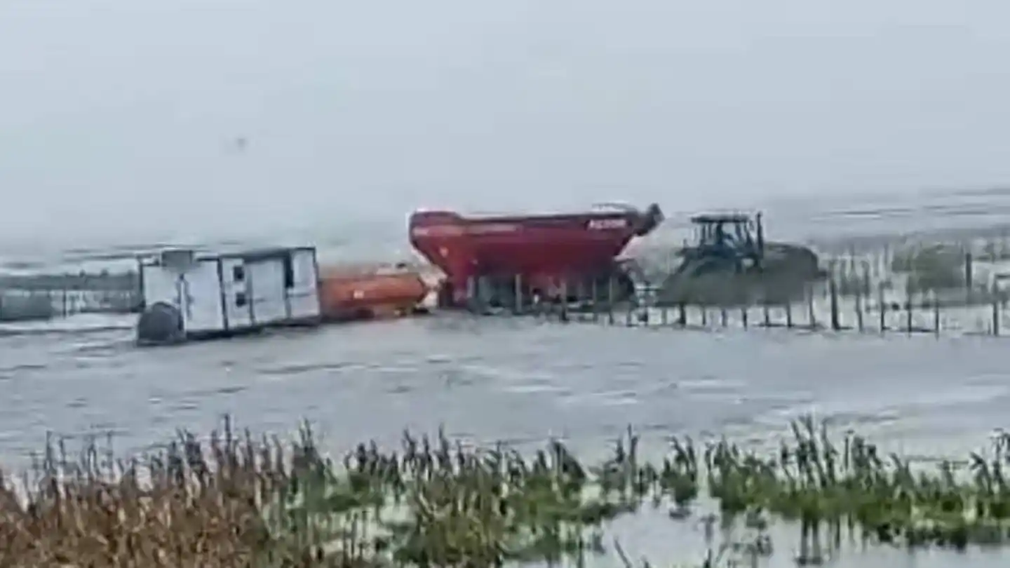 Campos anegados en 9 de Julio: La maquinaria agrícola lucha por avanzar entre los lotes llenos de agua en el oeste bonaerense. (Foto: X Patricia Gorza).