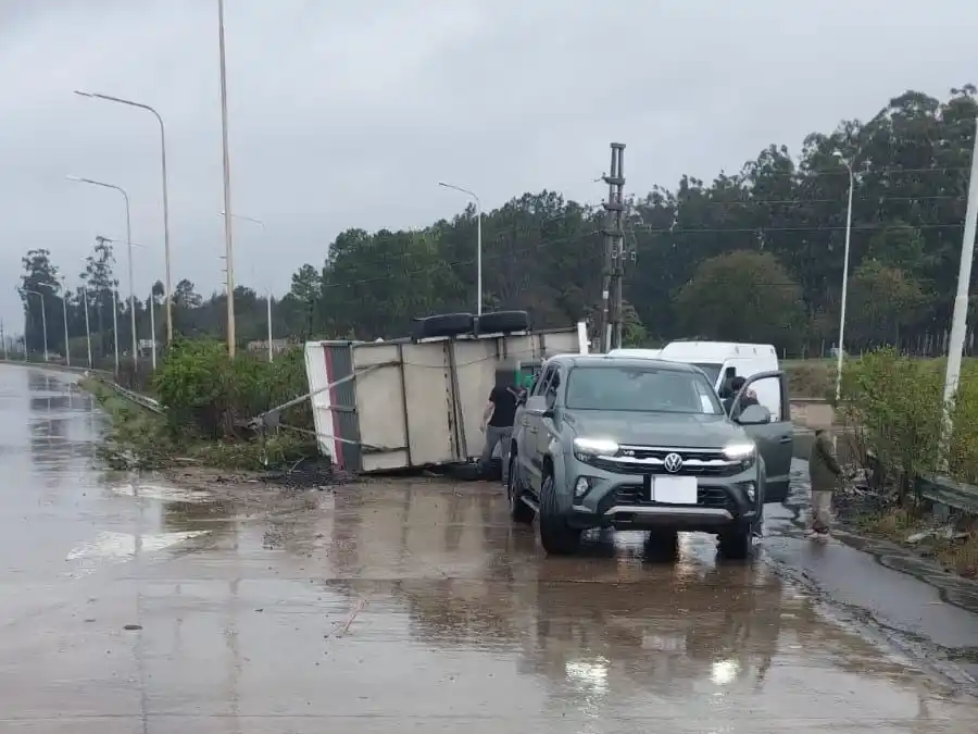 Vuelco de un acoplado con animales en la rotonda Ayuí