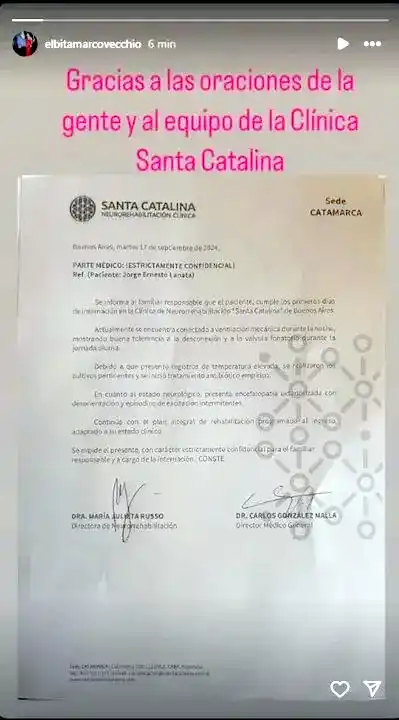 Elba Marcovecchio compartió el parte médico de Jorge Lanata.