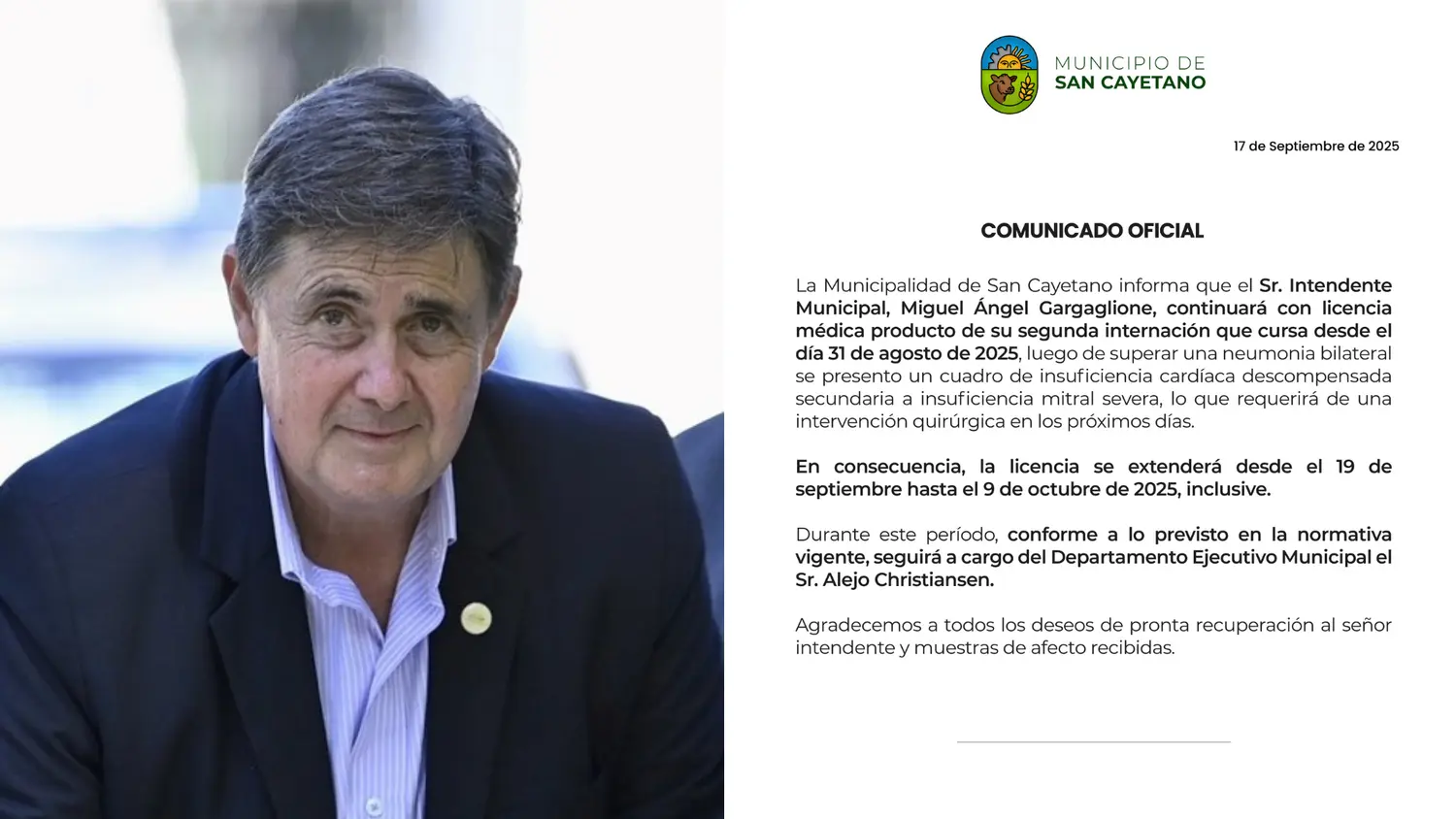San Cayetano: extienden la licencia de Gargaglione y deberá ser operado