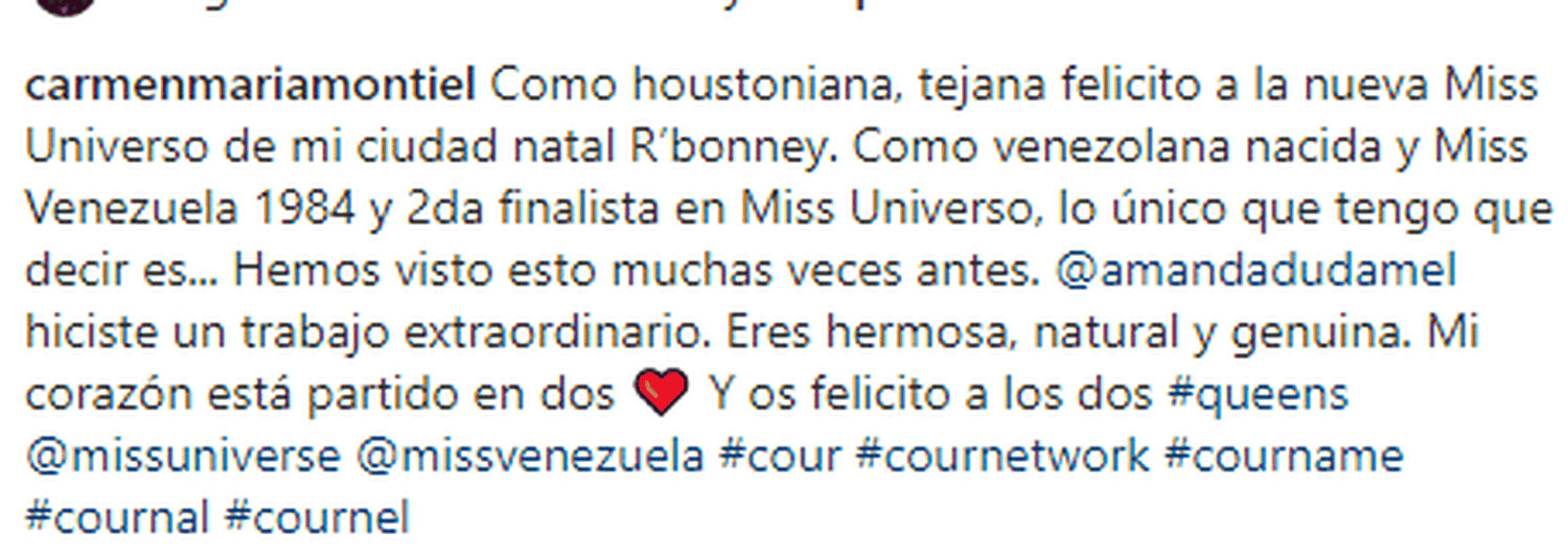 Carmen María Montiel fijó su posición ante la ganadora del Miss Universo. Foto Instagram