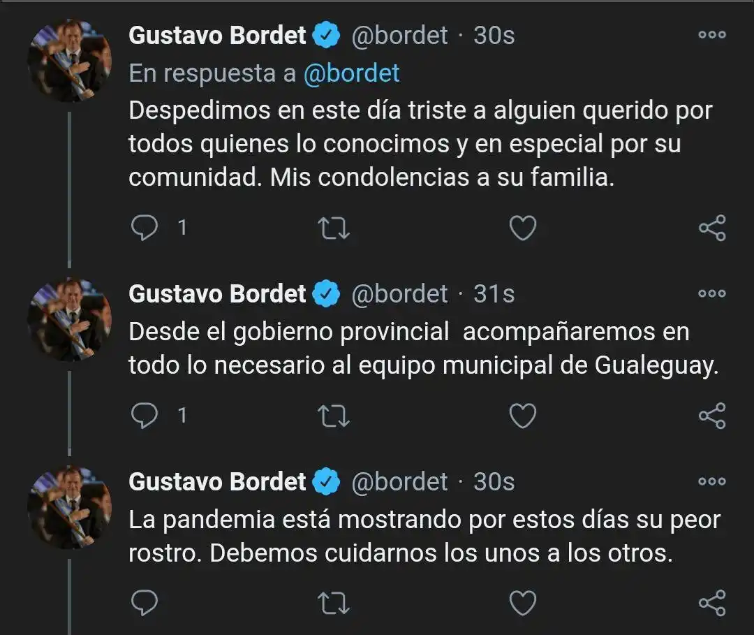 Gustavo Bordet despidió al intendente Bogdan por las redes sociales