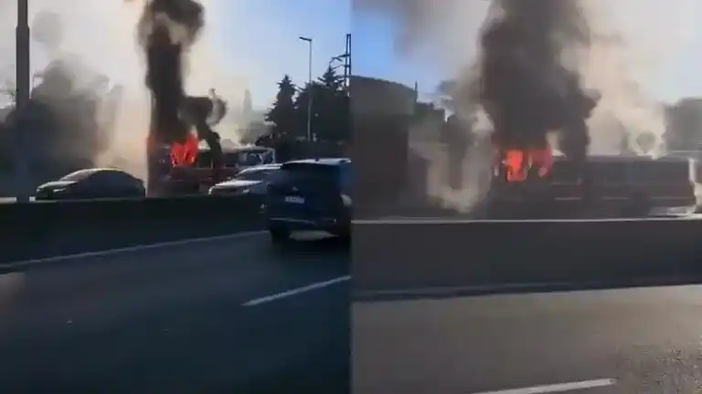 Dramático incendio en plena Panamericana: se prendió fuego un micro escolar