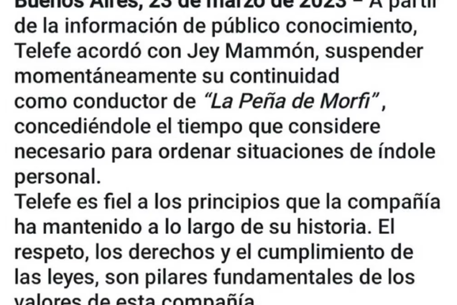 Así era comunicada la suspensió por el canal lider de la televisión argentina