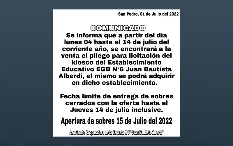 Comunicado de la Cooperadora de la Escuela 6